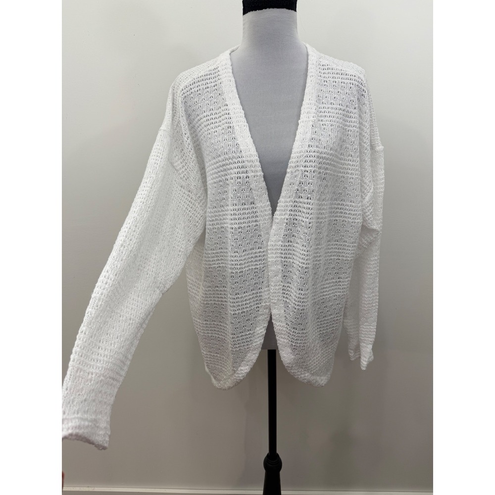 Denim & Co White Open Knit Cardigan XL Long Sleeve A647320 Open Front Sweater